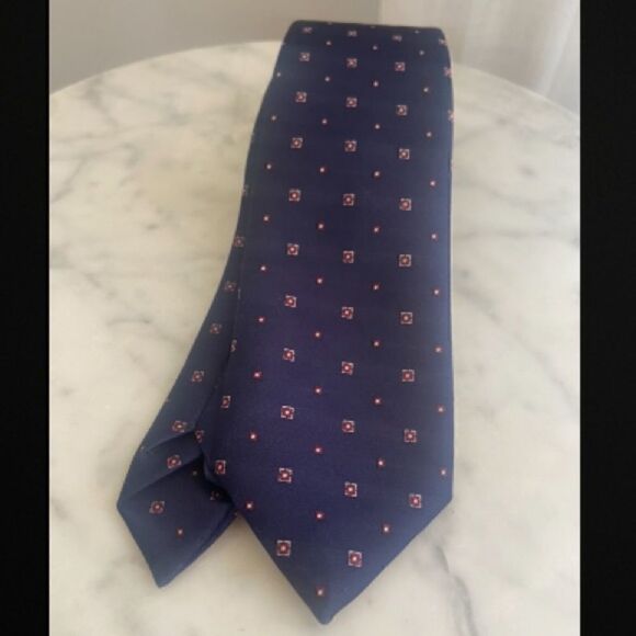 Milano Silk Slim Tie Navy with Red and White Medallions - Picture 1 of 12